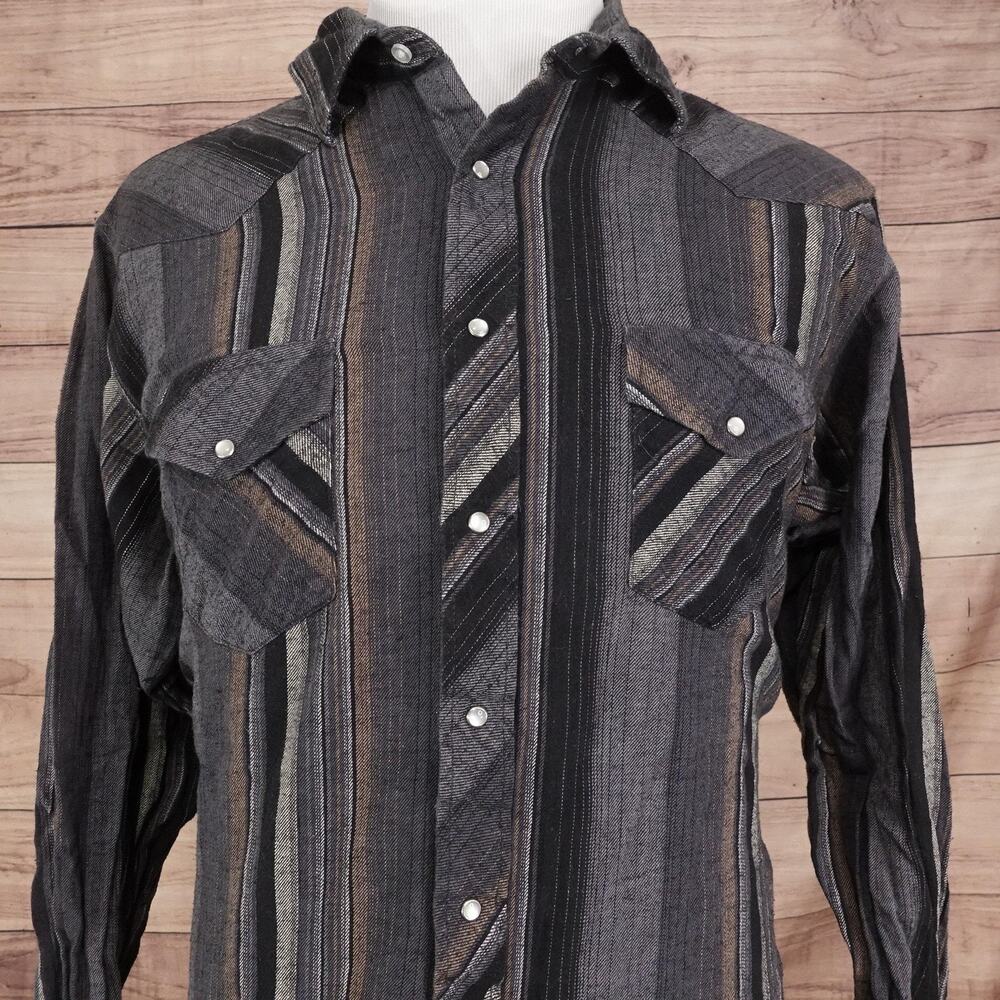 Wrangler Shirt Mens 2XL Gray Stripe Long‎ Sleeve Snap Front Western Flannel
